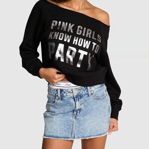 PINK Victoria's Secret Black Off-Shoulder Sweatshirt with Silver Foil Text